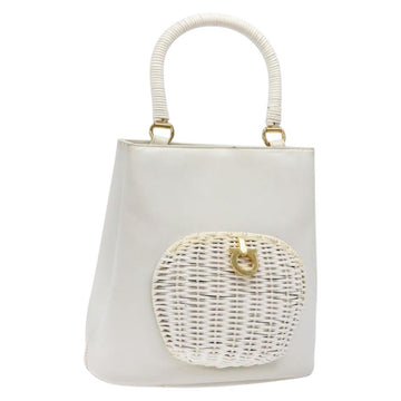 Salvatore Ferragamo Gancini Hand Bag Rattan White Gold Auth 141821