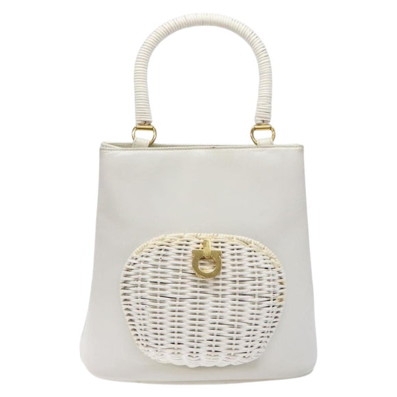 Salvatore Ferragamo Gancini Hand Bag Rattan White Gold Auth 141821