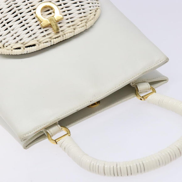 Salvatore Ferragamo Gancini Hand Bag Rattan White Gold Auth 141821