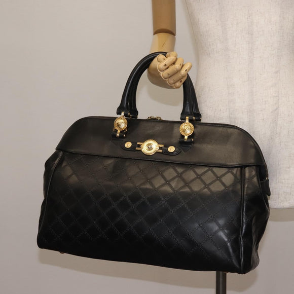 Gianni Versace Hand Bag PVC Leather Black Gold Auth 141846