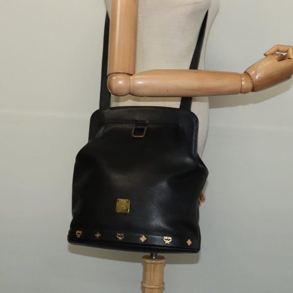 MCM Studs Shoulder Bag Leather Black Gold Auth 141865