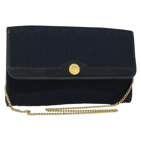 Christian Dior Trotter Canvas Chain Shoulder Bag Navy Gold Auth 141878