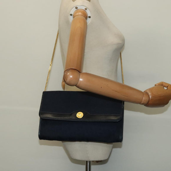 Christian Dior Trotter Canvas Chain Shoulder Bag Navy Gold Auth 141878