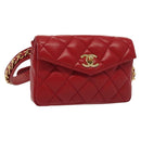CHANEL Waist Bag Lamb Skin Red Gold CC Auth 141904-1