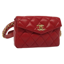 CHANEL Waist Bag Lamb Skin Red Gold CC Auth 141904