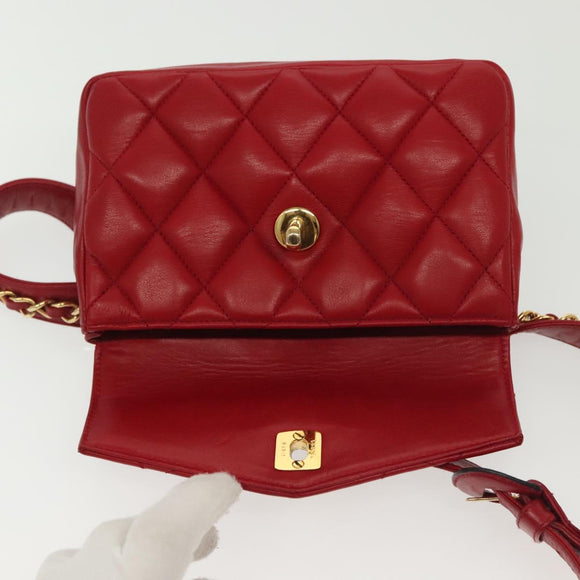 CHANEL Waist Bag Lamb Skin Red Gold CC Auth 141904