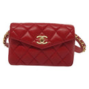 CHANEL Waist Bag Lamb Skin Red Gold CC Auth 141904-2