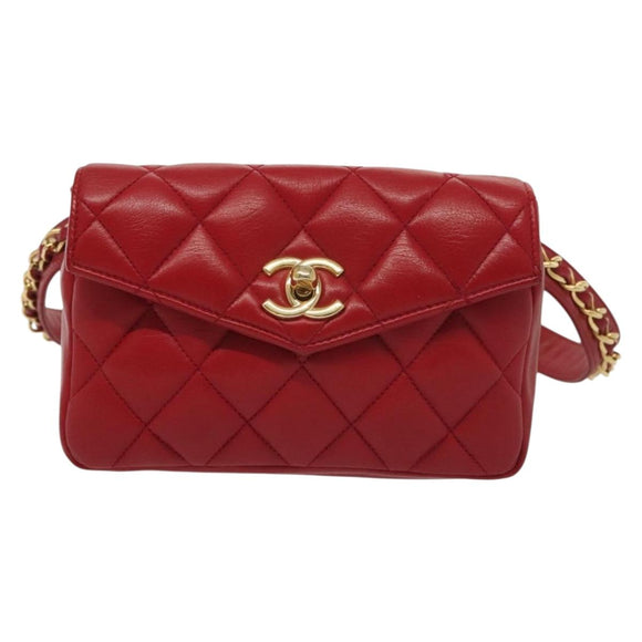 CHANEL Waist Bag Lamb Skin Red Gold CC Auth 141904