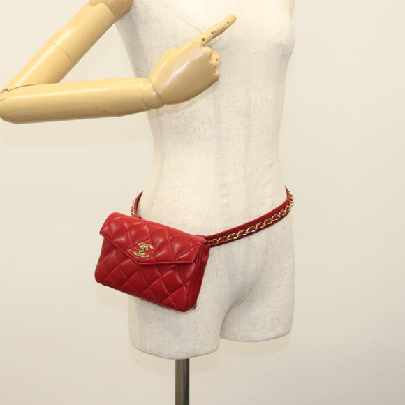 CHANEL Waist Bag Lamb Skin Red Gold CC Auth 141904