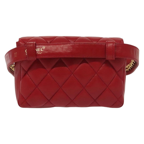 CHANEL Waist Bag Lamb Skin Red Gold CC Auth 141904