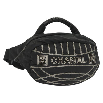 CHANEL Sports Line COCO Mark Waist Bag Nylon Black Silver CC Auth 141906