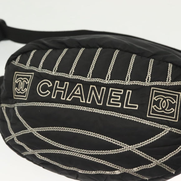 CHANEL Sports Line COCO Mark Waist Bag Nylon Black Silver CC Auth 141906