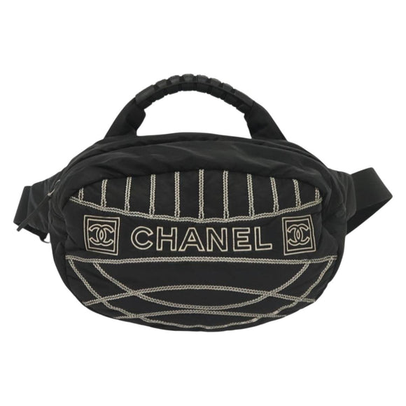CHANEL Sports Line COCO Mark Waist Bag Nylon Black Silver CC Auth 141906
