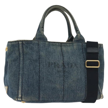 PRADA Canapa PM Hand Bag Denim 2way Blue Gold Auth 141917