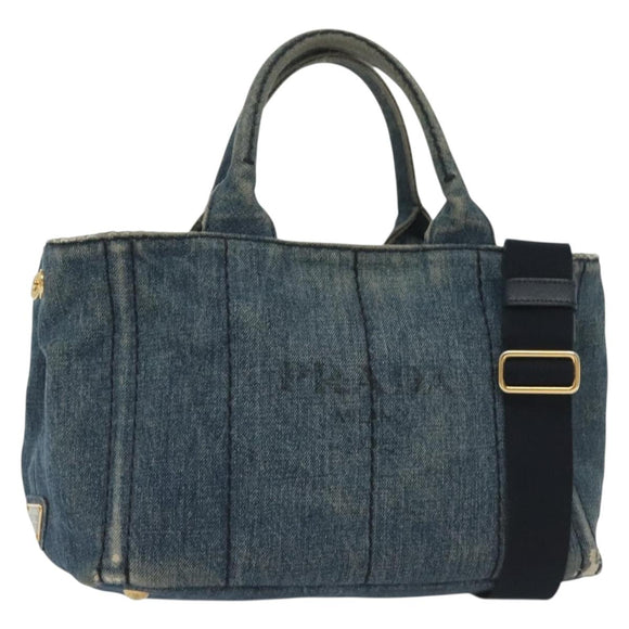 PRADA Canapa PM Hand Bag Denim 2way Blue Gold Auth 141917