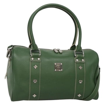 MCM Studs Boston Bag Leather 2way Green Silver Auth 141950