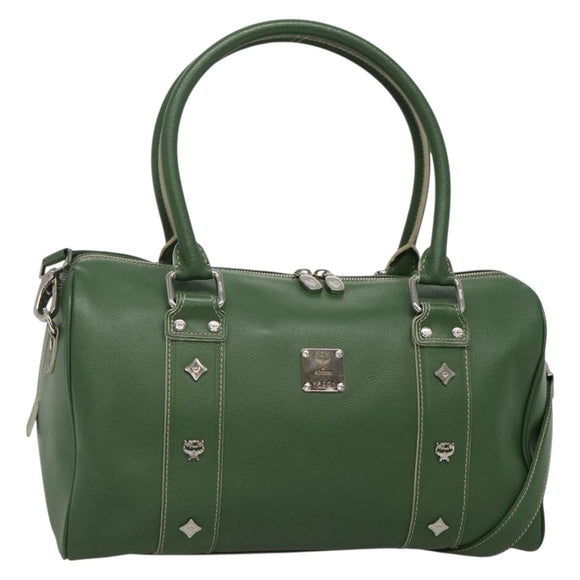 MCM Studs Boston Bag Leather 2way Green Silver Auth 141950