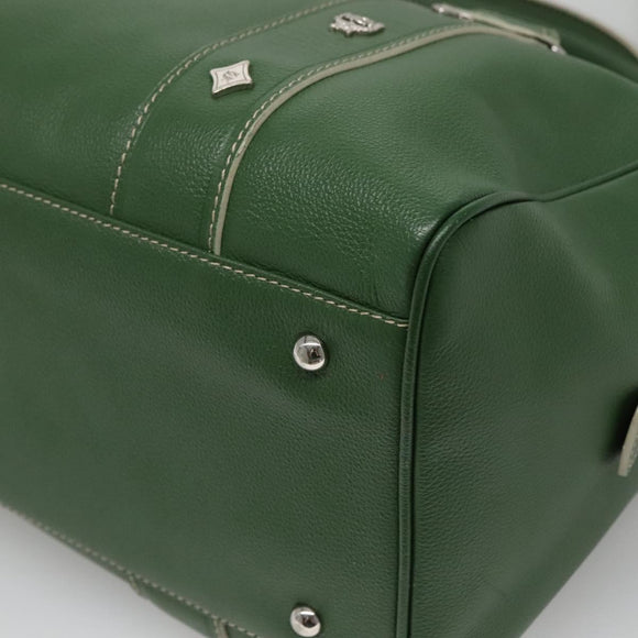 MCM Studs Boston Bag Leather 2way Green Silver Auth 141950