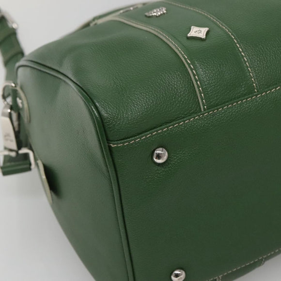 MCM Studs Boston Bag Leather 2way Green Silver Auth 141950