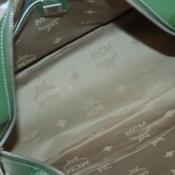 MCM Studs Boston Bag Leather 2way Green Silver Auth 141950