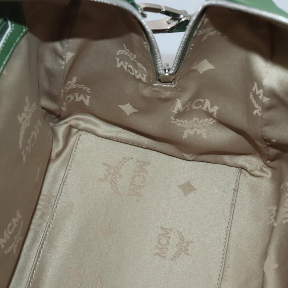 MCM Studs Boston Bag Leather 2way Green Silver Auth 141950