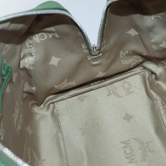 MCM Studs Boston Bag Leather 2way Green Silver Auth 141950