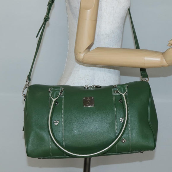 MCM Studs Boston Bag Leather 2way Green Silver Auth 141950