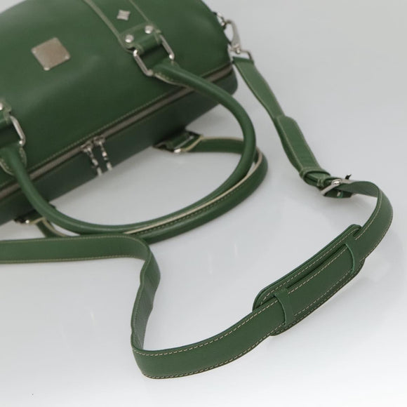 MCM Studs Boston Bag Leather 2way Green Silver Auth 141950