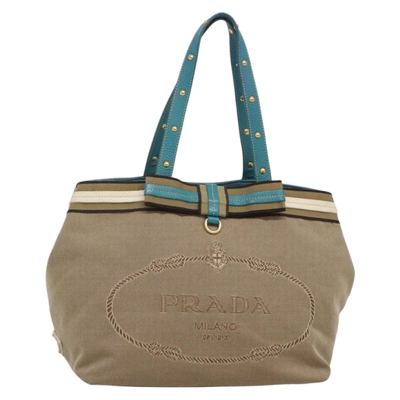 PRADA Studs Tote Bag Canvas Leather Beige Gold Auth 141984V