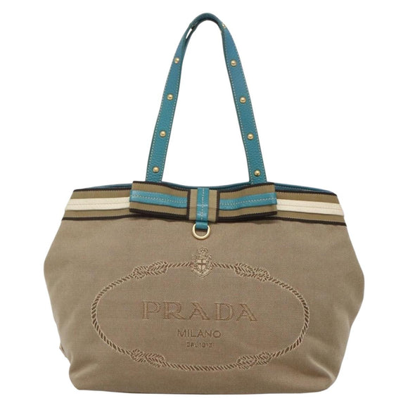 PRADA Studs Tote Bag Canvas Leather Beige Gold Auth 141984V