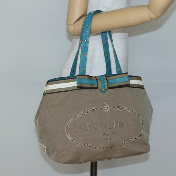 PRADA Studs Tote Bag Canvas Leather Beige Gold Auth 141984V