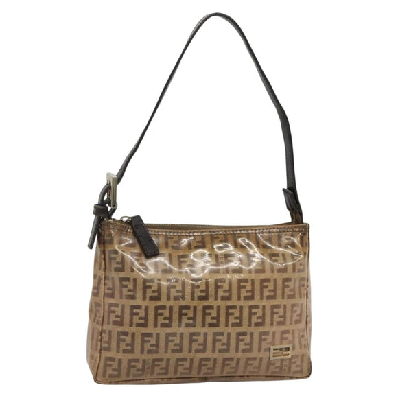 FENDI Zucchino Canvas Accessory Pouch Enamel Brown Gold Auth 141994