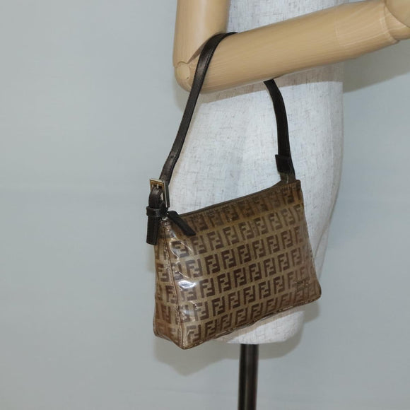 FENDI Zucchino Canvas Accessory Pouch Enamel Brown Gold Auth 141994