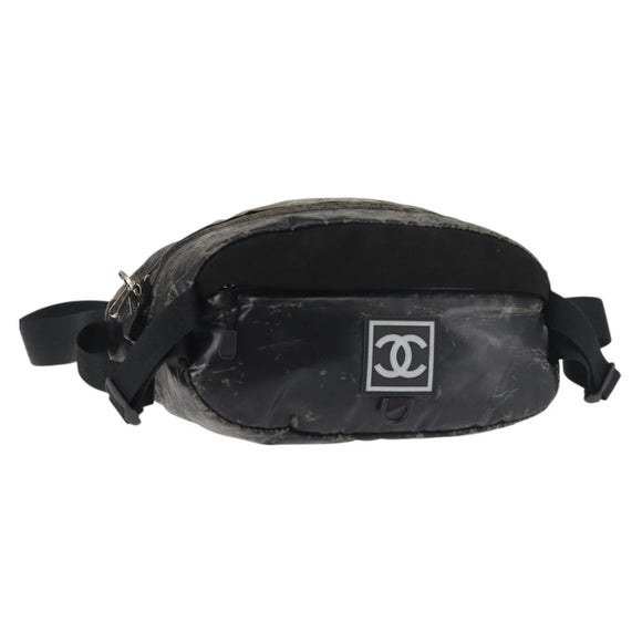 CHANEL Sports COCO Mark Waist Bag Coated Canvas Black CC Auth 142004