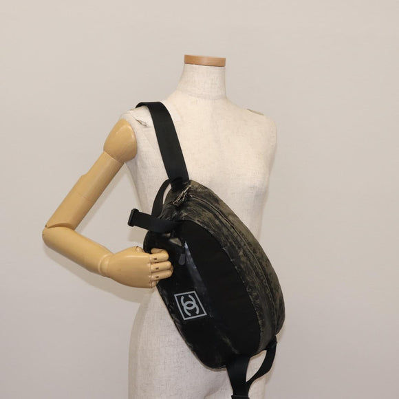 CHANEL Sports COCO Mark Waist Bag Coated Canvas Black CC Auth 142004