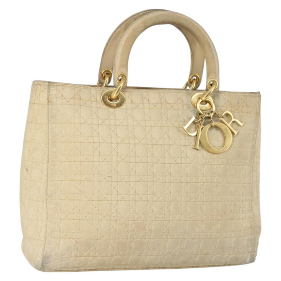 Christian Dior Canage Lady Dior Hand Bag Nylon Beige Gold Auth 142012