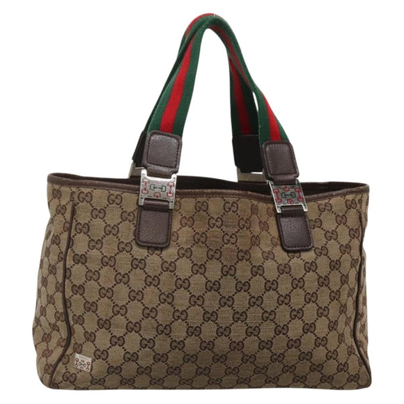 GUCCI GG Canvas Web Sherry Line Tote Bag Beige Silver 145758 Auth 142027