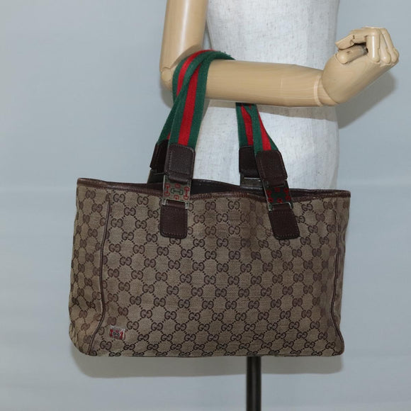 GUCCI GG Canvas Web Sherry Line Tote Bag Beige Silver 145758 Auth 142027