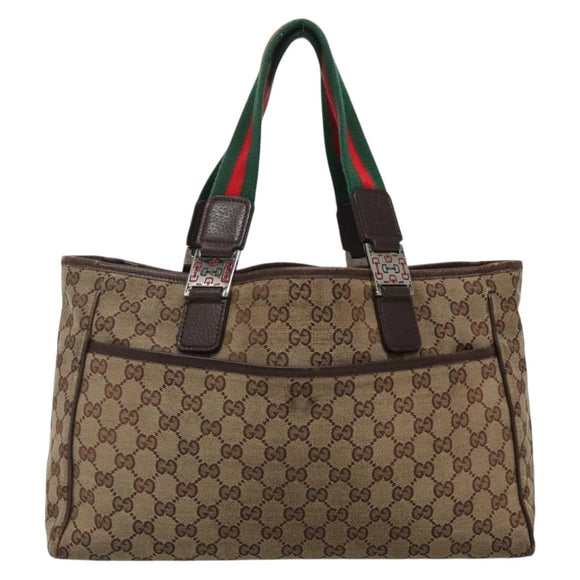 GUCCI GG Canvas Web Sherry Line Tote Bag Beige Silver 145758 Auth 142027