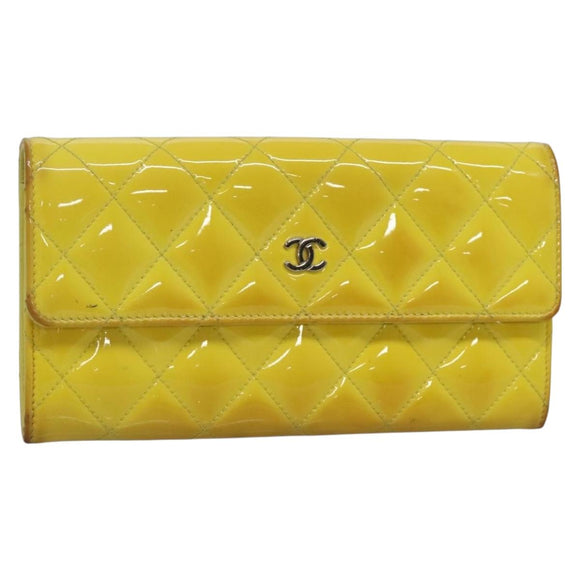 CHANEL Matelasse COCO Mark Long Wallet Patent leather Yellow CC Auth 142043