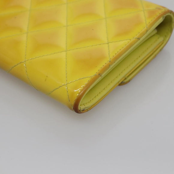 CHANEL Matelasse COCO Mark Long Wallet Patent leather Yellow CC Auth 142043