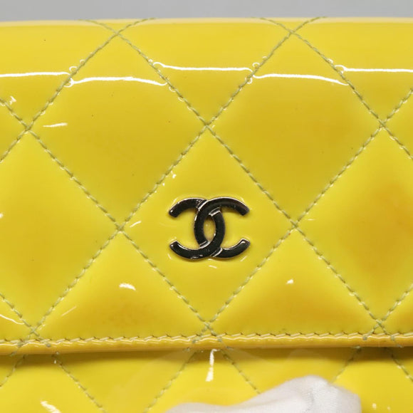 CHANEL Matelasse COCO Mark Long Wallet Patent leather Yellow CC Auth 142043