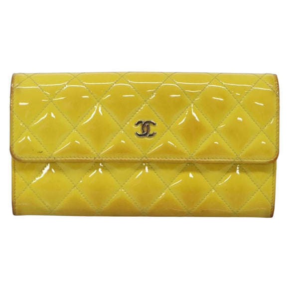 CHANEL Matelasse COCO Mark Long Wallet Patent leather Yellow CC Auth 142043