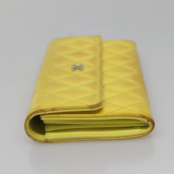 CHANEL Matelasse COCO Mark Long Wallet Patent leather Yellow CC Auth 142043