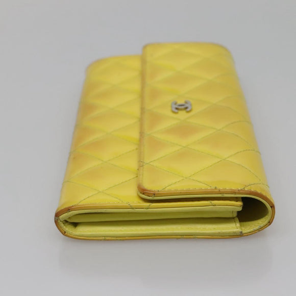 CHANEL Matelasse COCO Mark Long Wallet Patent leather Yellow CC Auth 142043