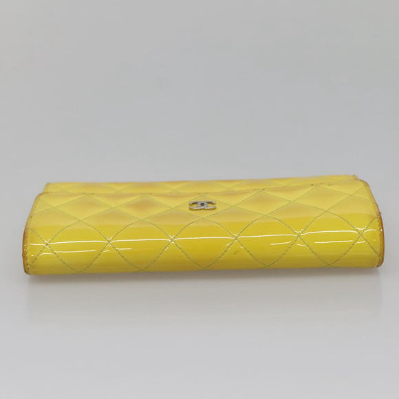 CHANEL Matelasse COCO Mark Long Wallet Patent leather Yellow CC Auth 142043