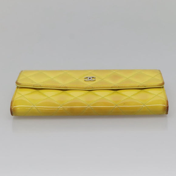 CHANEL Matelasse COCO Mark Long Wallet Patent leather Yellow CC Auth 142043