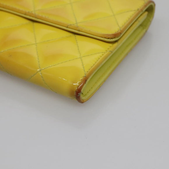 CHANEL Matelasse COCO Mark Long Wallet Patent leather Yellow CC Auth 142043