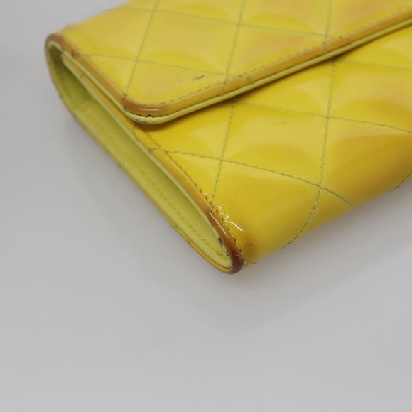 CHANEL Matelasse COCO Mark Long Wallet Patent leather Yellow CC Auth 142043