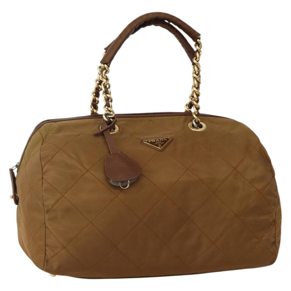 PRADA Chain Hand Bag Nylon Brown Gold Auth 142074